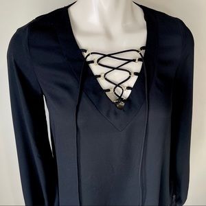 ESSENTIAL blouse ATMOSPHERE top solid black TIE UP FRONT 2  dressy top